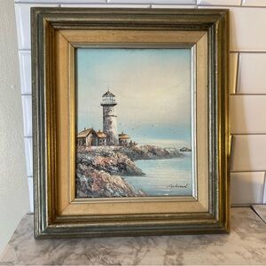 Framed Lighthouse Painting with Gold and Brown Frame